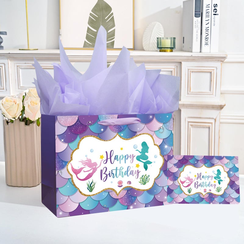 Laidans 13"" Large Mermaid Happy Birthday Gift Bag with Handle  Tissue Paper and Card for Kids Girls - Image 5